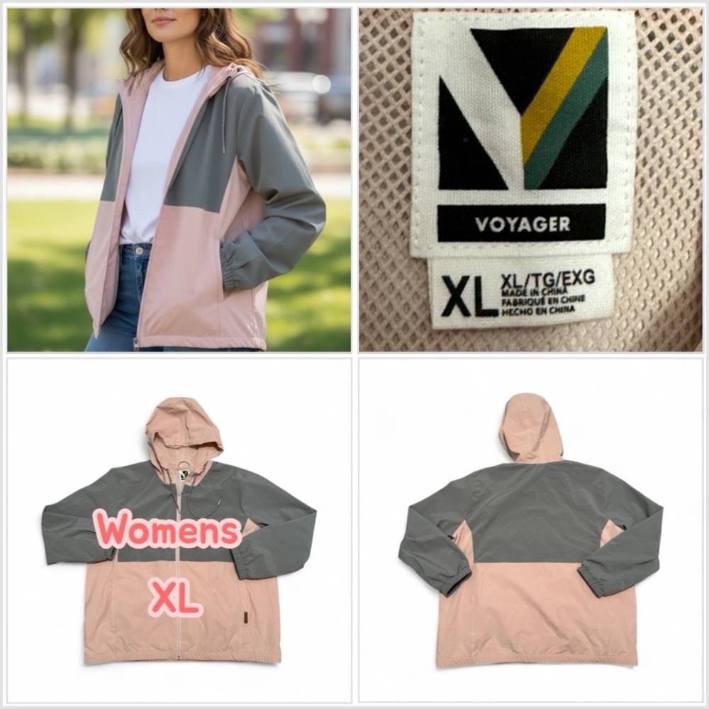 Women’s Voyager XL 1X 16 18 Windbreaker Jacket Hoodie Block Pink Gray Stretch